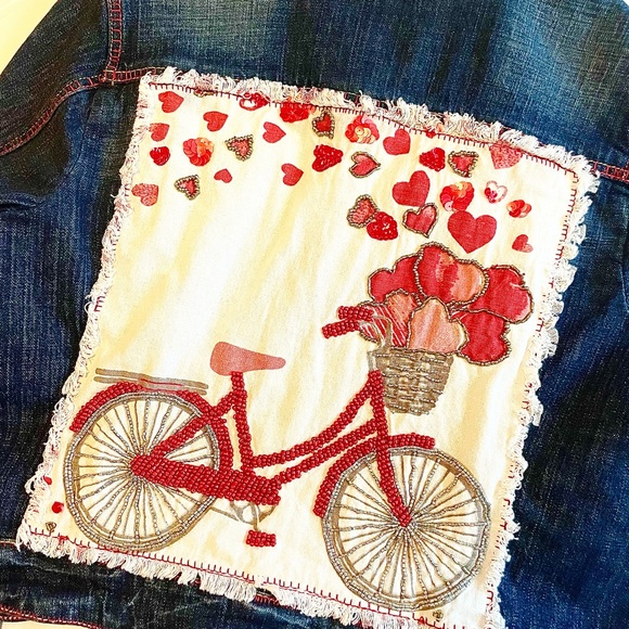 Upcycled distressed blue Jean jacket newly handmade patchwork hearts bike love - Picture 8 of 11
